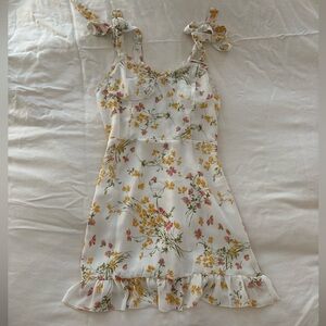 Floral White Dress with Ruffle Hem - NWOT